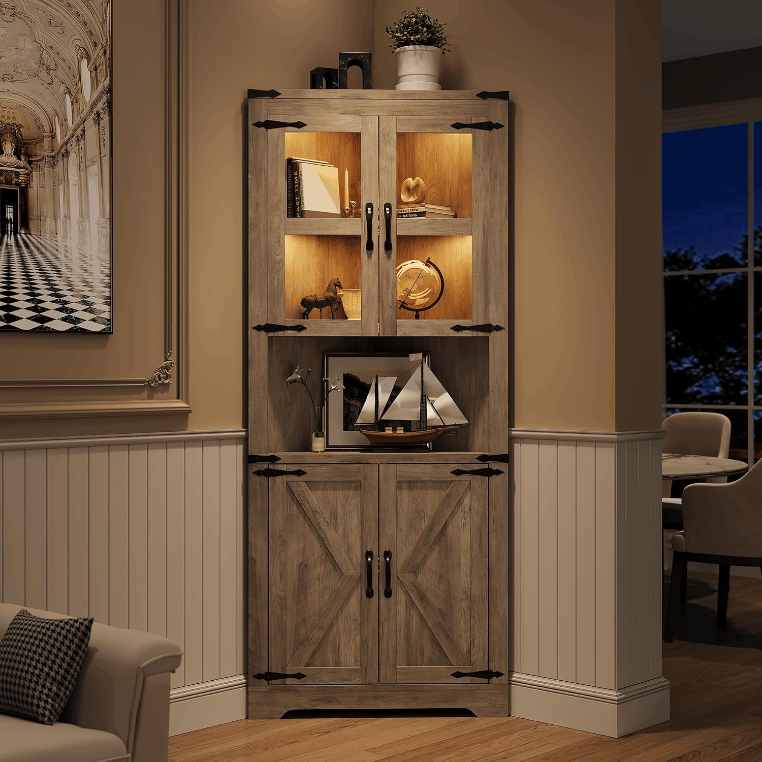 Glass Cabinet Display - Tall Corner Storage Cabinet with Lights,